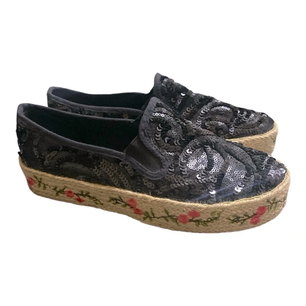 Sequin Floral Embroidered Espadrille Slip-On Black